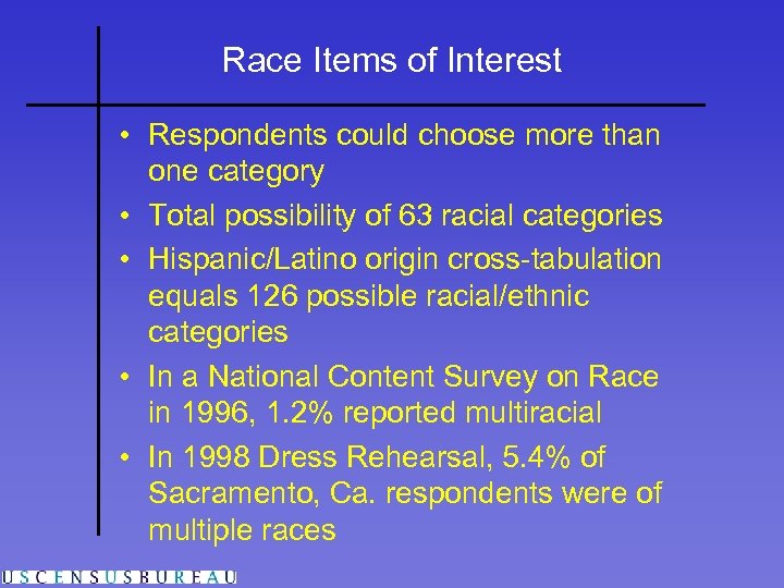 Race Items of Interest • Respondents could choose more than one category • Total