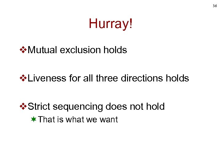 36 Hurray! v. Mutual exclusion holds v. Liveness for all three directions holds v.