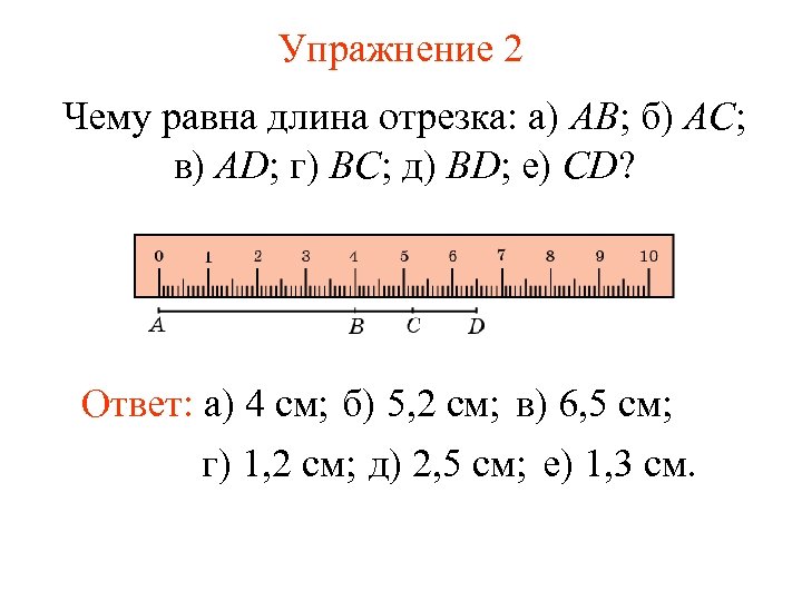 Упражнение 2 Чему равна длина отрезка: а) AB; б) AC; в) AD; г) BC;