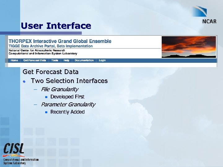 User Interface Get Forecast Data l Two Selection Interfaces – File Granularity n Developed