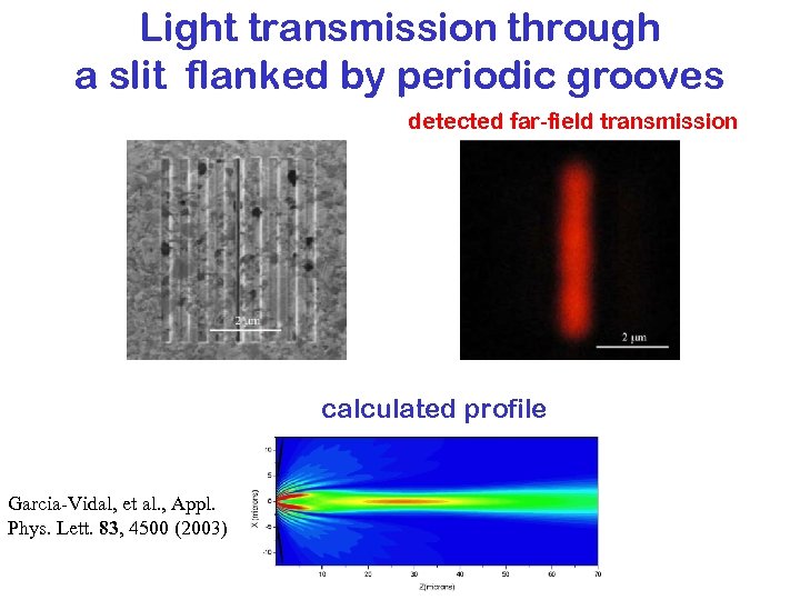 Light transmission through a slit flanked by periodic grooves detected far-field transmission calculated profile