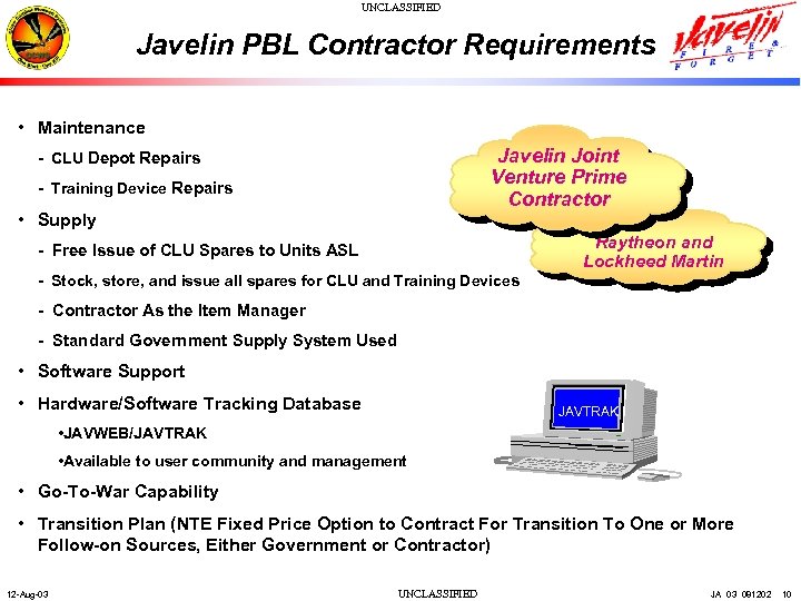 UNCLASSIFIED Javelin PBL Contractor Requirements • Maintenance Javelin Joint Venture Prime Contractor - CLU
