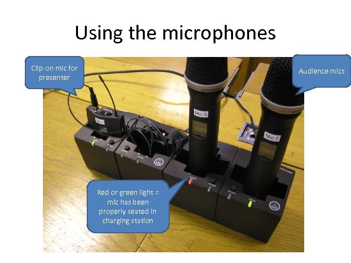 Using the microphones Clip-on mic for presenter Audience mics Red or green light =