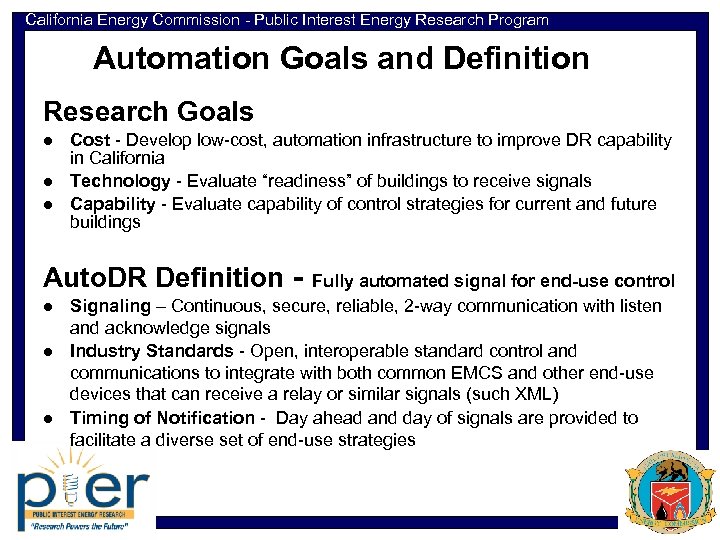 California Energy Commission - Public Interest Energy Research Program Automation Goals and Definition Research