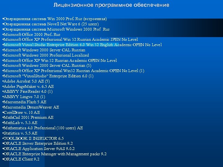 Лицензионное программное обеспечение • Операционная система Win 2000 Prof. Rus (встроенная) • Операционная система