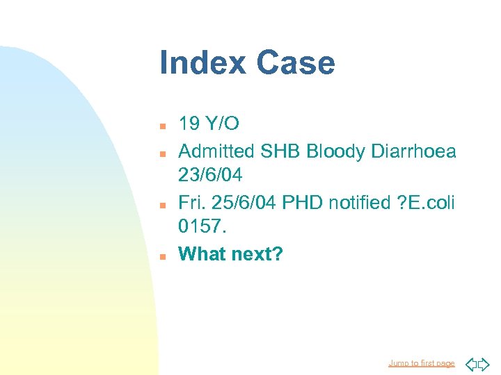 Index Case n n 19 Y/O Admitted SHB Bloody Diarrhoea 23/6/04 Fri. 25/6/04 PHD