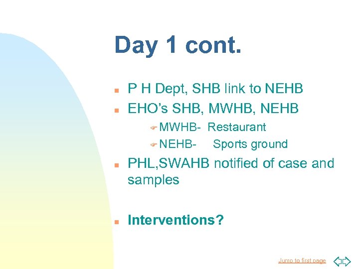 Day 1 cont. n n P H Dept, SHB link to NEHB EHO’s SHB,