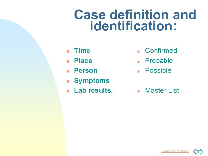 Case definition and identification: n n n Time Place Person Symptoms Lab results. n