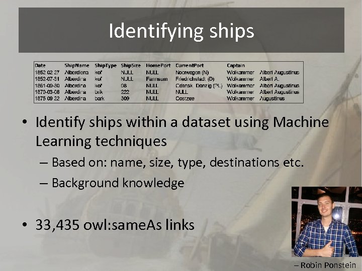 Identifying ships • Identify ships within a dataset using Machine Learning techniques – Based