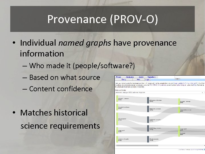 Provenance (PROV-O) • Individual named graphs have provenance information – Who made it (people/software?