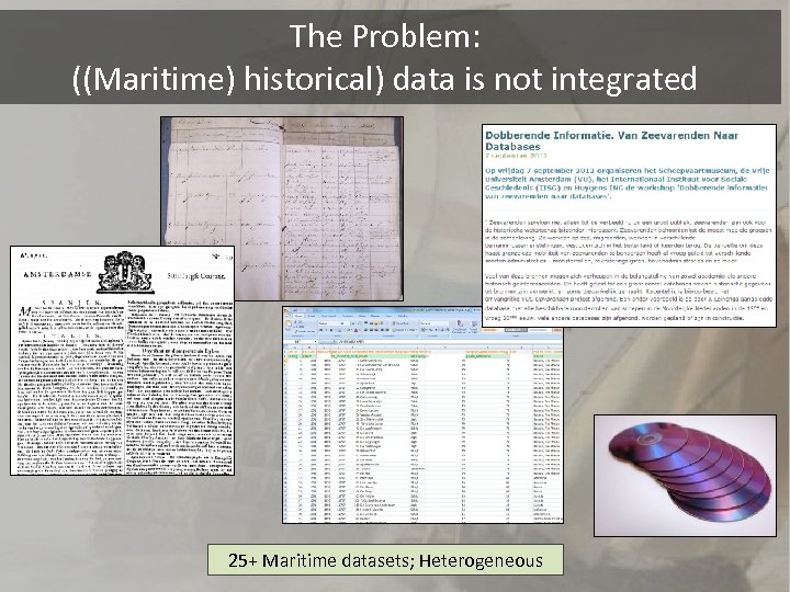 The Problem: ((Maritime) historical) data is not integrated 25+ Maritime datasets; Heterogeneous 