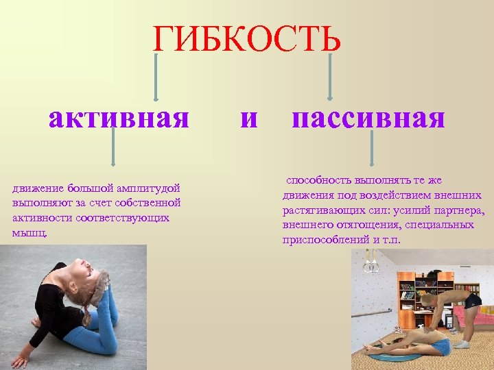 ГИБКОСТЬ активная движение большой амплитудой выполняют за счет собственной активности соответствующих мышц. и пассивная