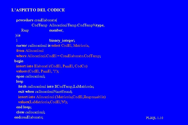 L’ASPETTO DEL CODICE procedure crea. Elaborato( Cod. Temp Allocazioni. Temp. Cod. Temp%type, Resp number,