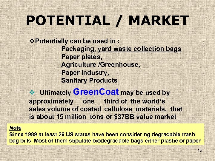 POTENTIAL / MARKET v. Potentially can be used in : Packaging, yard waste collection