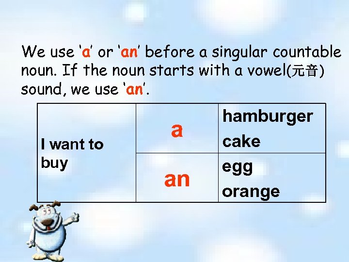 We use ‘a’ or ‘an’ before a singular countable noun. If the noun starts