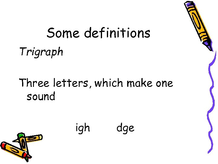 Some definitions Trigraph Three letters, which make one sound igh dge 
