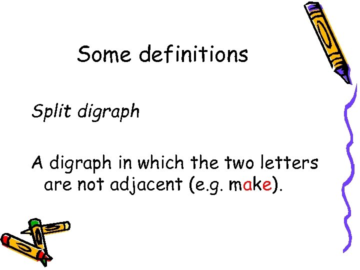 Some definitions Split digraph A digraph in which the two letters are not adjacent