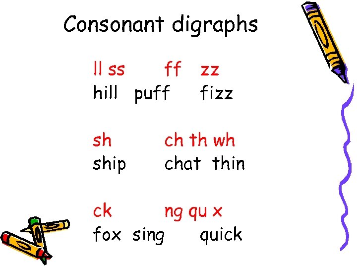 Consonant digraphs ll ss ff zz hill puff fizz sh ship ch th wh