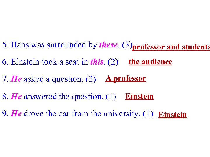 5. Hans was surrounded by these. (3)professor and students 6. Einstein took a seat