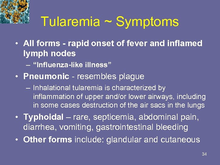 Tularemia ~ Symptoms • All forms - rapid onset of fever and inflamed lymph