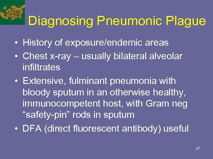 Diagnosing Pneumonic Plague • History of exposure/endemic areas • Chest x-ray – usually bilateral