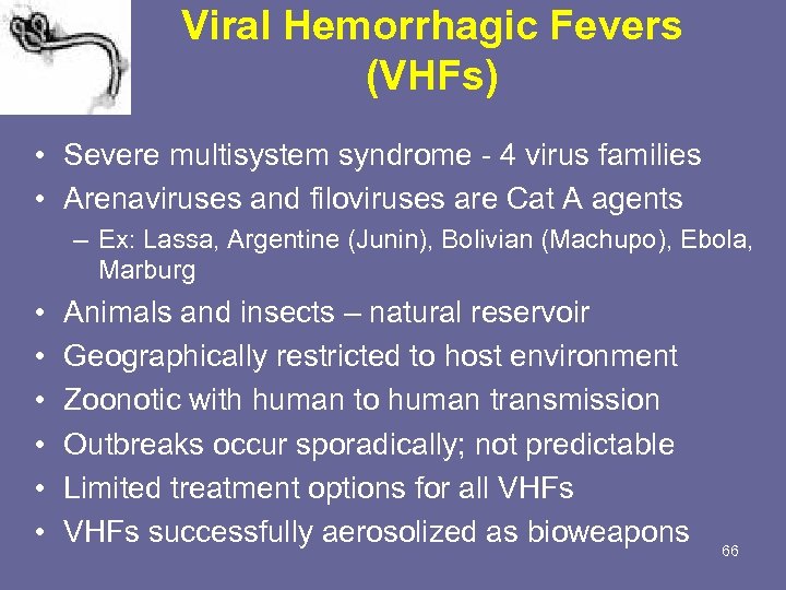 Viral Hemorrhagic Fevers (VHFs) • Severe multisystem syndrome - 4 virus families • Arenaviruses