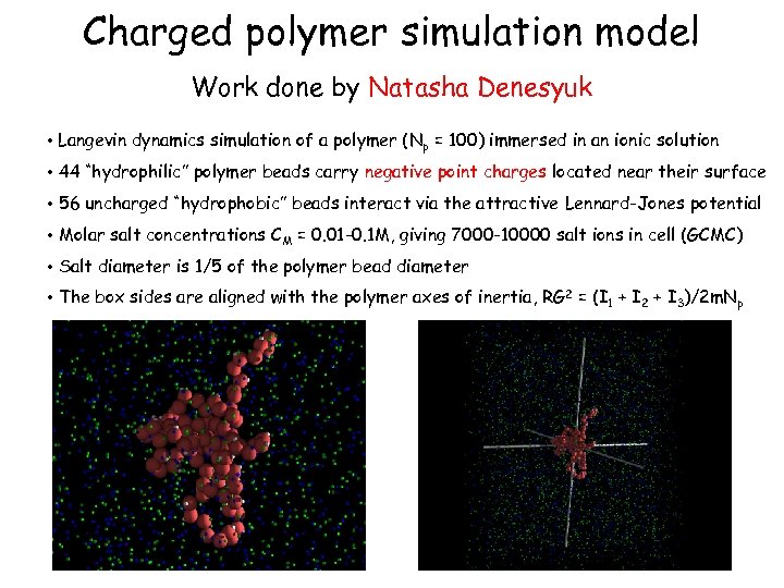 Charged polymer simulation model Work done by Natasha Denesyuk • Langevin dynamics simulation of