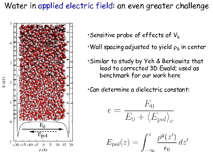 Water in applied electric field: an even greater challenge • Sensitive probe of effects