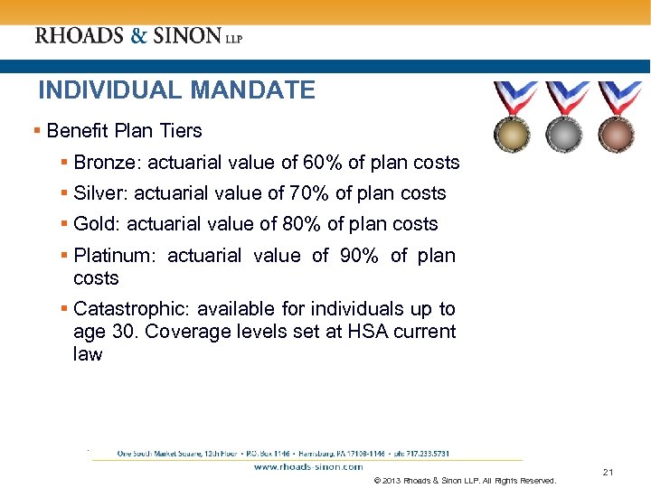 INDIVIDUAL MANDATE § Benefit Plan Tiers § Bronze: actuarial value of 60% of plan