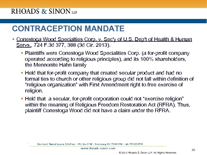 CONTRACEPTION MANDATE § Conestoga Wood Specialties Corp. v. Sec'y of U. S. Dep't of