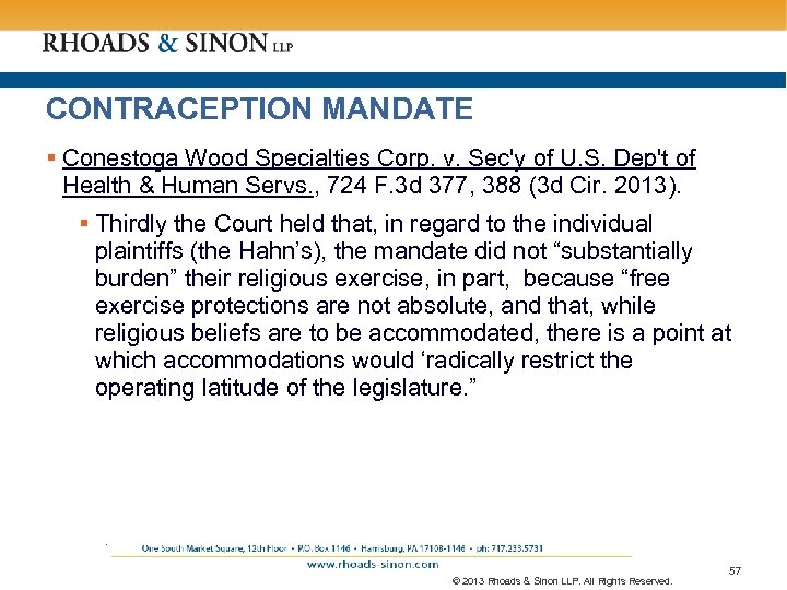 CONTRACEPTION MANDATE § Conestoga Wood Specialties Corp. v. Sec'y of U. S. Dep't of
