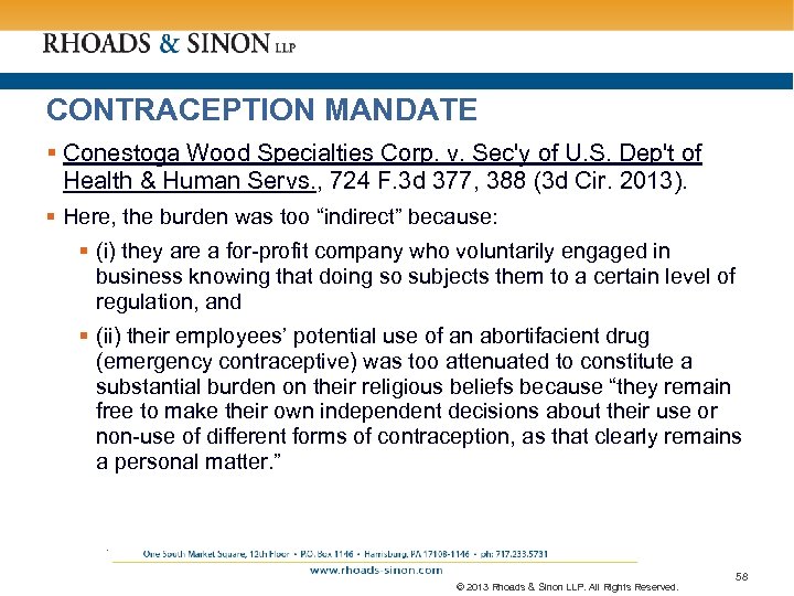 CONTRACEPTION MANDATE § Conestoga Wood Specialties Corp. v. Sec'y of U. S. Dep't of