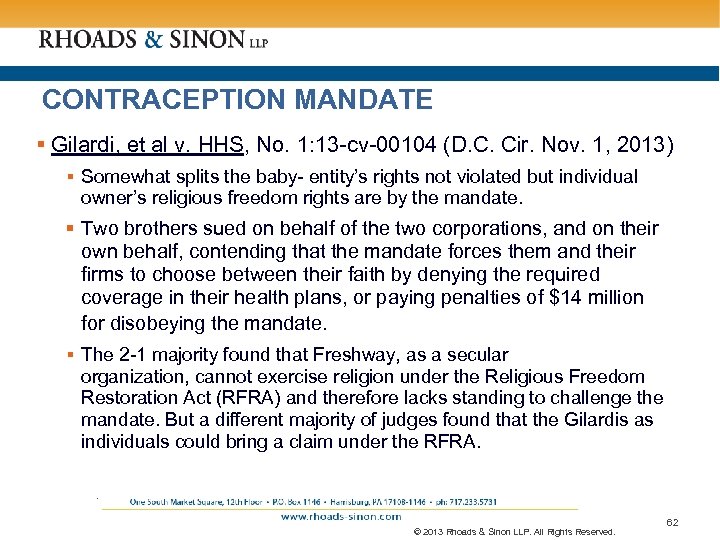 CONTRACEPTION MANDATE § Gilardi, et al v. HHS, No. 1: 13 -cv-00104 (D. C.