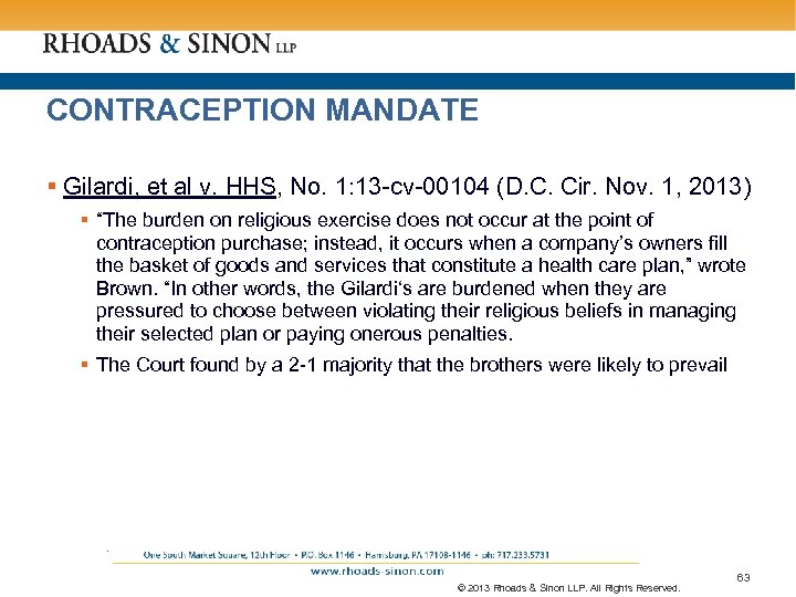 CONTRACEPTION MANDATE § Gilardi, et al v. HHS, No. 1: 13 -cv-00104 (D. C.