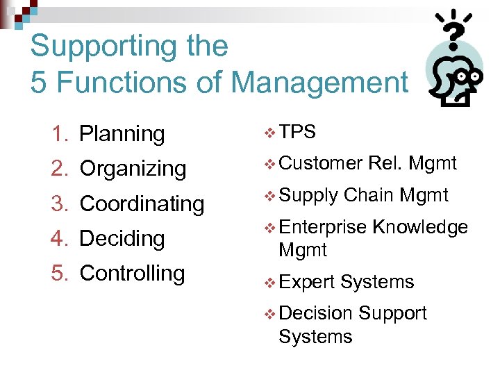 Supporting the 5 Functions of Management 1. Planning v TPS 2. Organizing v Customer