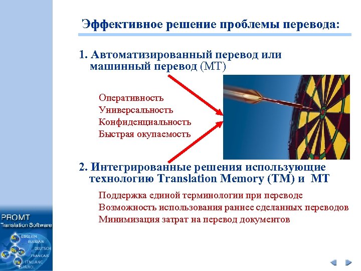 Эффективное решение проблемы перевода: 1. Автоматизированный перевод или машинный перевод (МТ) Оперативность Универсальность Конфиденциальность
