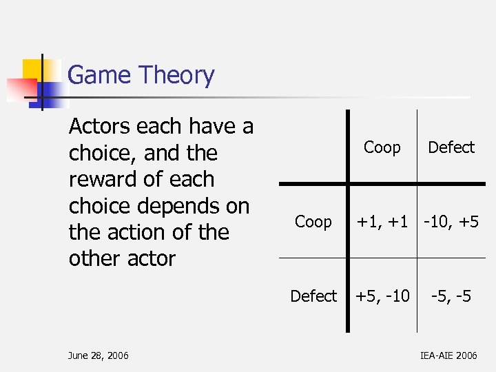 Game Theory Actors each have a choice, and the reward of each choice depends