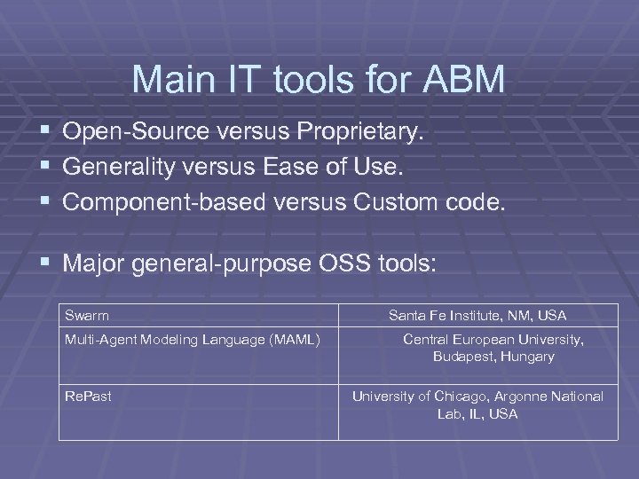 Main IT tools for ABM § Open-Source versus Proprietary. § Generality versus Ease of