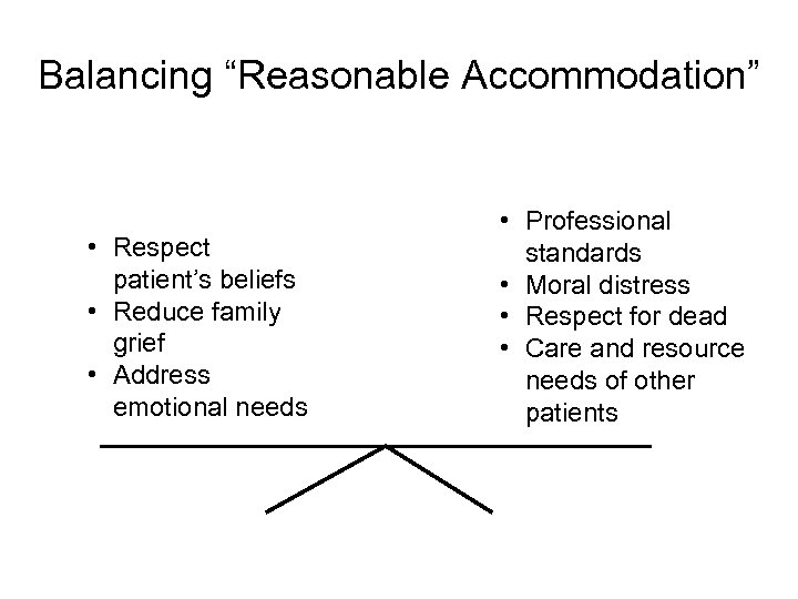 Balancing “Reasonable Accommodation” • Respect patient’s beliefs • Reduce family grief • Address emotional