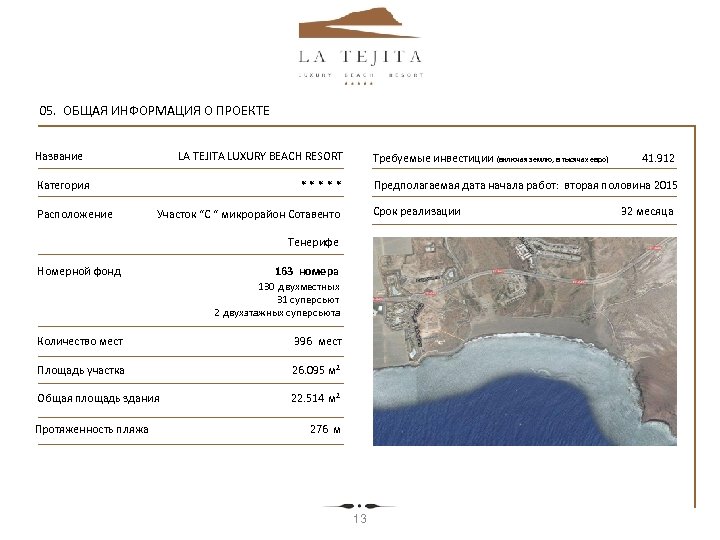  05. ОБЩАЯ ИНФОРМАЦИЯ О ПРОЕКТЕ Название LA TEJITA LUXURY BEACH RESORT Требуемые инвестиции