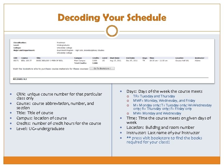 Decoding Your Schedule CRN: unique course number for that particular class only Course: course