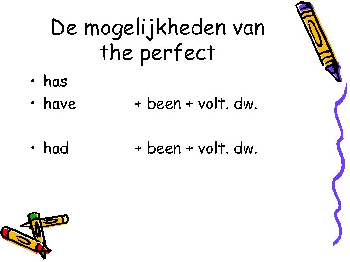 De mogelijkheden van the perfect • has • have + been + volt. dw.