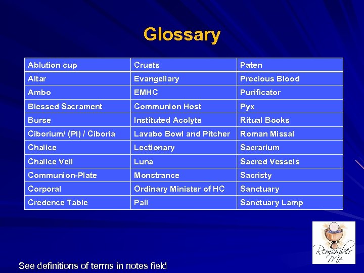 Glossary Ablution cup Cruets Paten Altar Evangeliary Precious Blood Ambo EMHC Purificator Blessed Sacrament