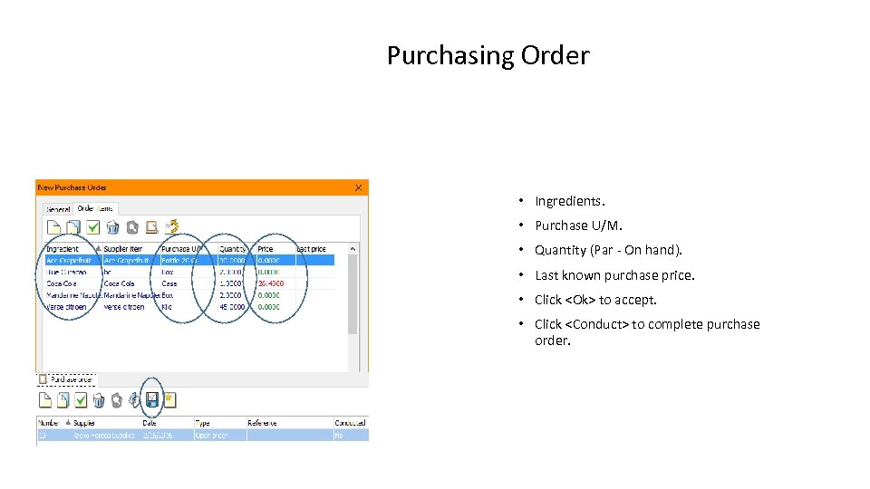 Purchasing Order • Ingredients. • Purchase U/M. • Quantity (Par - On hand). •