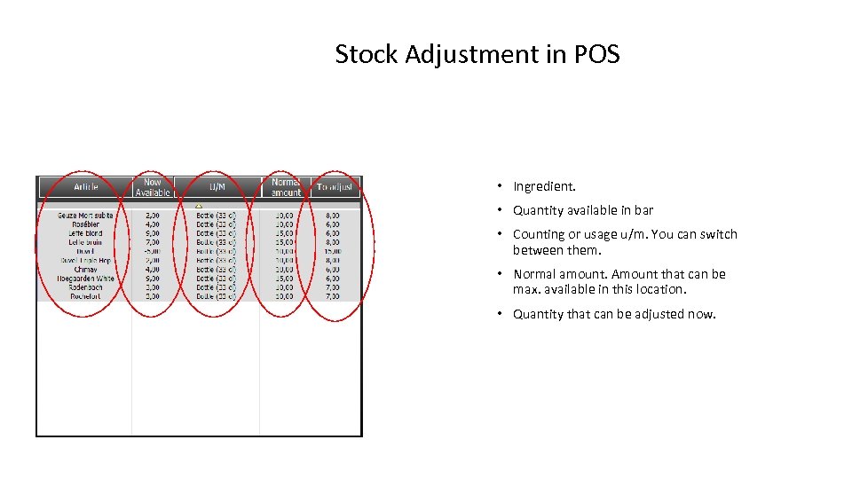 Stock Adjustment in POS • Ingredient. • Quantity available in bar • Counting or