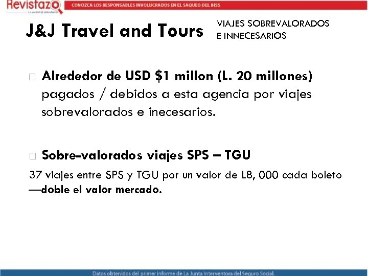 J&J Travel and Tours VIAJES SOBREVALORADOS E INNECESARIOS Alrededor de USD $1 millon (L.