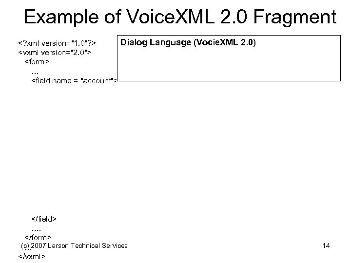 Example of Voice. XML 2. 0 Fragment Dialog Language (Vocie. XML 2. 0) <?