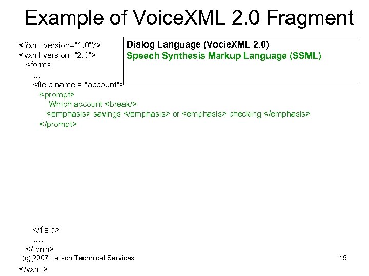 Example of Voice. XML 2. 0 Fragment Dialog Language (Vocie. XML 2. 0) <?