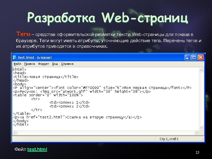 Разработка Web-страниц Теги – средства оформительской разметки текста Web-страницы для показа в браузере. Теги