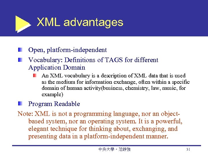 XML advantages Open, platform-independent Vocabulary: Definitions of TAGS for different Application Domain An XML